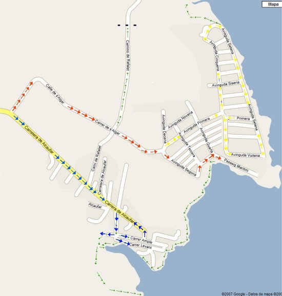 Zugangskarte zu Cala Alcaufar und der Urbanisation S´Algar von San Luis aus, mit Anzeige der beiden Routen.