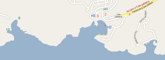 Detaillierte Karte des Zugangs nach Cala Galdana und zu den unberührten Stränden von Cala Mitjana und Mitjaneta oder nach Cala Macarella und Macarelleta an der Südküste von Menorca, Balearen.
