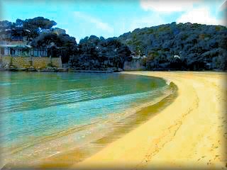Der Strand von Cala Galdana ist wirklich ein Traum: schön, weich, ruhig, mit Wald, und die Boote fahren hinten im Fluss von Cala Galdana ein; er hat fast alles.